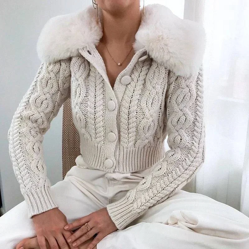 Weekend Deals That Dazzle Beige Cable Knit Short Sweater With Faux Fur Collar