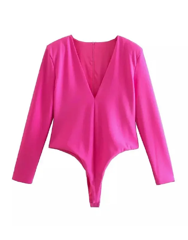 Weekend Savings Spree Deep V Neck Cleavage Pink Bodysuit