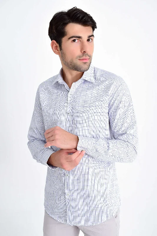 Slim Fit Long Sleeve Plaid Cotton Navy Casual Shirt