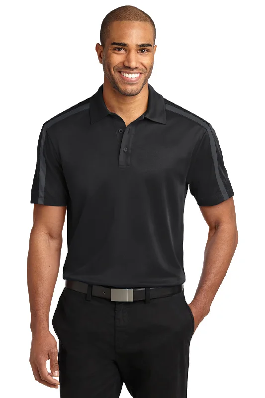 Deep Discounts Port Authority Mens Silk Touch Performance Moisture Wicking Short Sleeve Polo Shirt - Black/Steel Grey