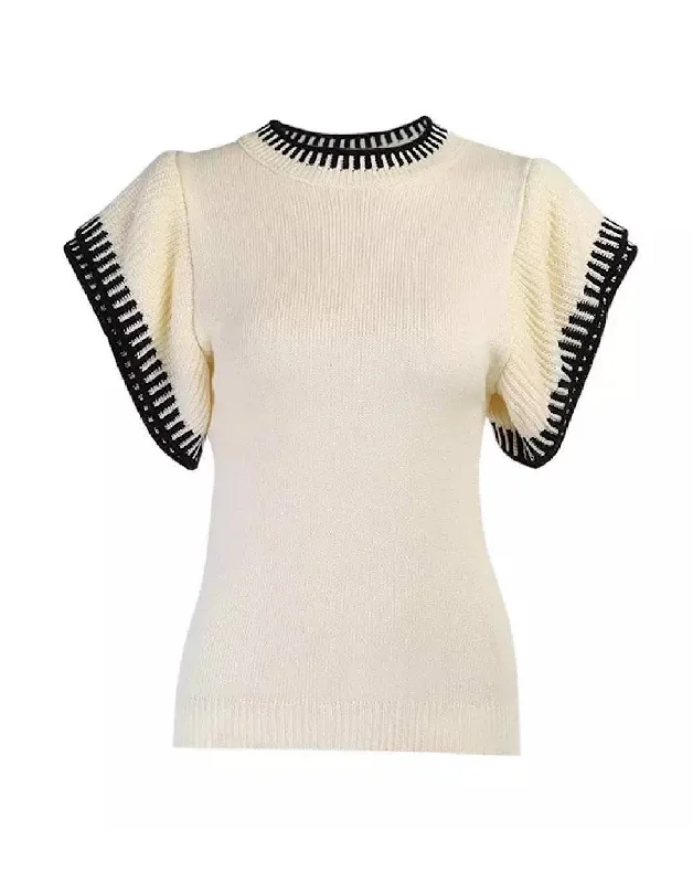 Weekend Discounts to Savor Beige Black Short Sleeve Knit Sweater