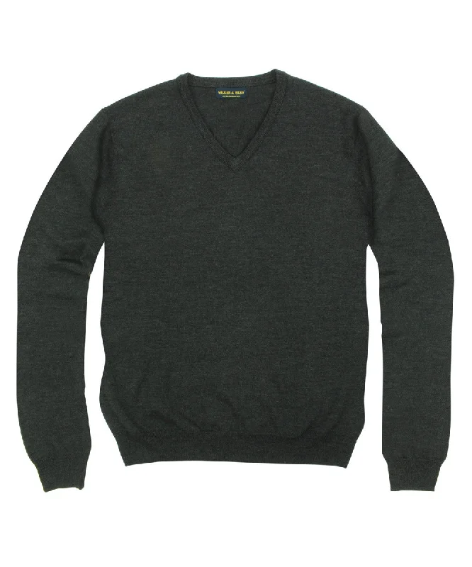 Limited Availability 100% Pure Merino Wool Zegna Baruffa V-Neck Sweater - Charcoal