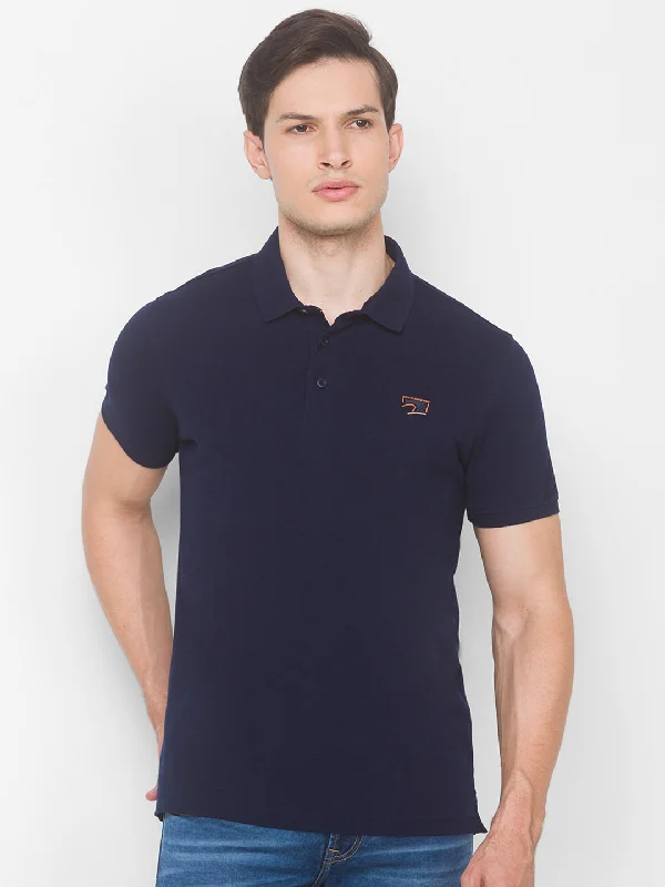 Overstock Spykar Men Blue Cotton Slim Fit Polo T-Shirt
