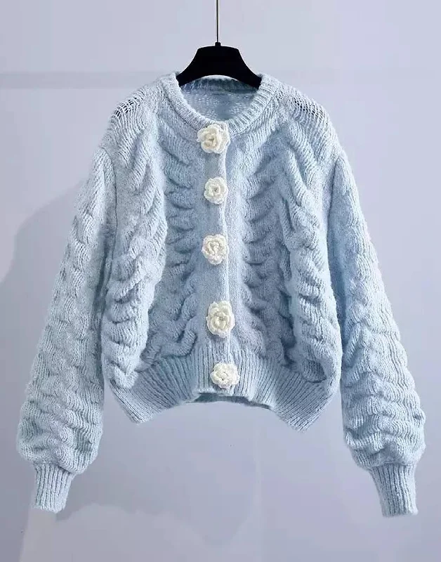 Weekend Savings Spectacular Knitted Flower Button Loose Cardigan