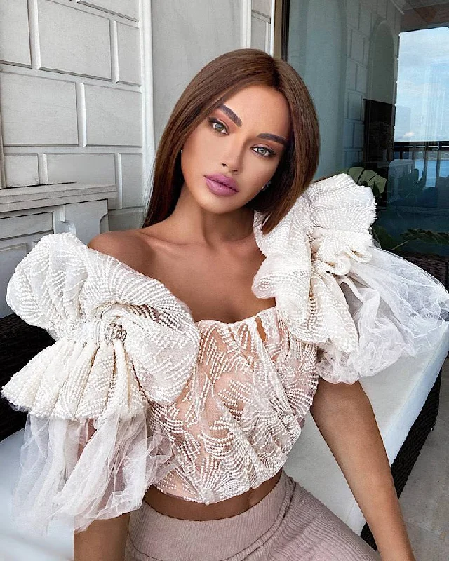 The Best Prices Off The Shoulder Flared Sleeve Crop Embroidery Top