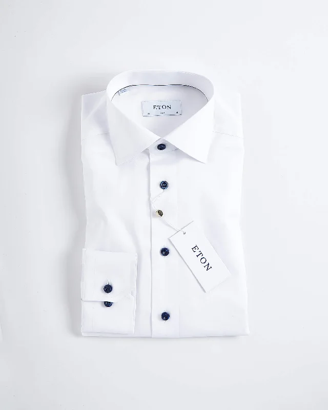 Signature White Twill Slim Shirt With Navy Buttons