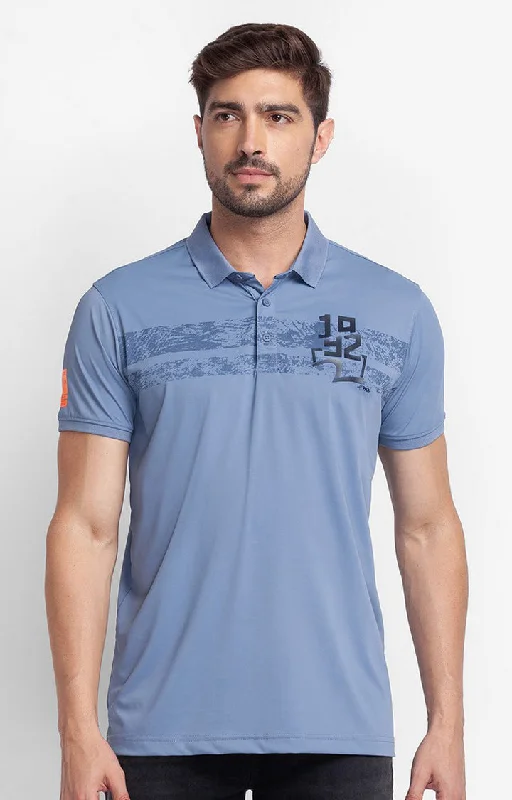 Super Sale Spykar Dark Smoke Blue Cotton Half Sleeve Printed Casual Polo T-Shirt For Men