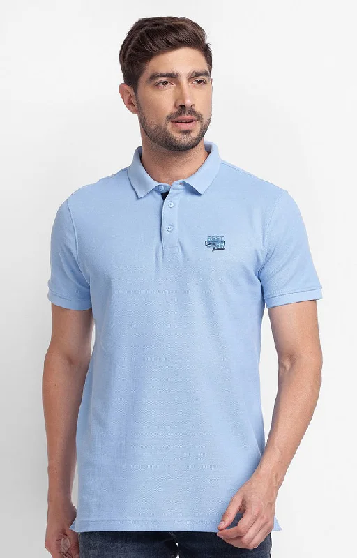 Crazy Deals Spykar Powder Blue Cotton Half Sleeve Plain Casual Polo T-Shirt For Men
