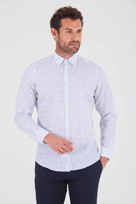 Price Cut Slim Fit Long Sleeve Printed Cotton Blend Navy Casual Shirt
