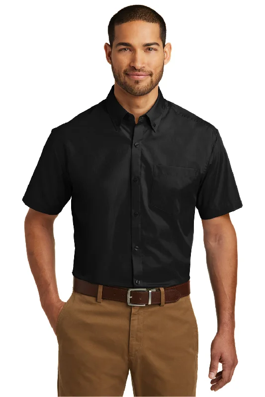 Port Authority Mens Carefree Stain Resistant Short Sleeve Button Down Shirt w/ Pocket - Deep Black