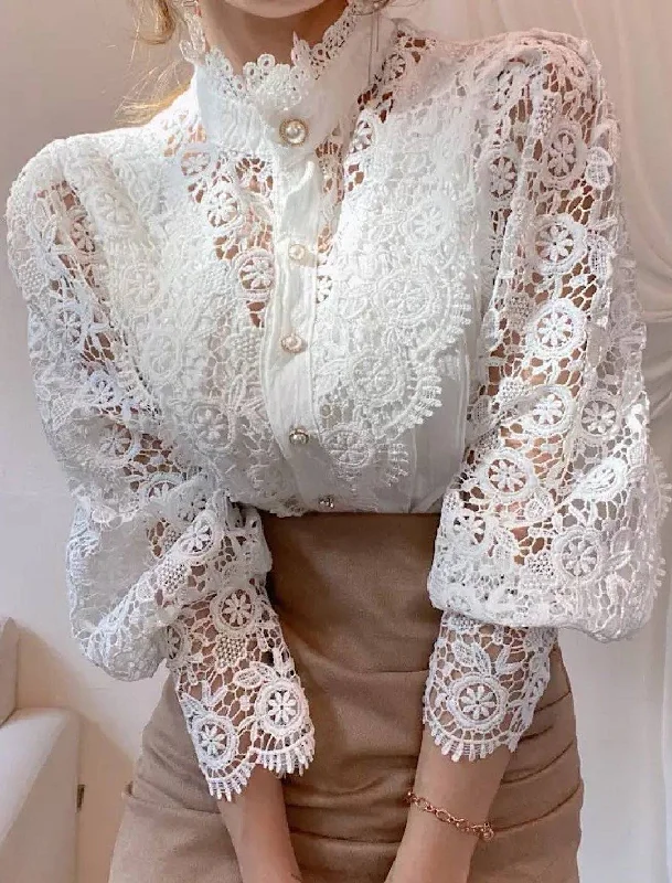 Weekend Deals You Can't Resist Lace Stand Collar Pearl Buttoned Shirt