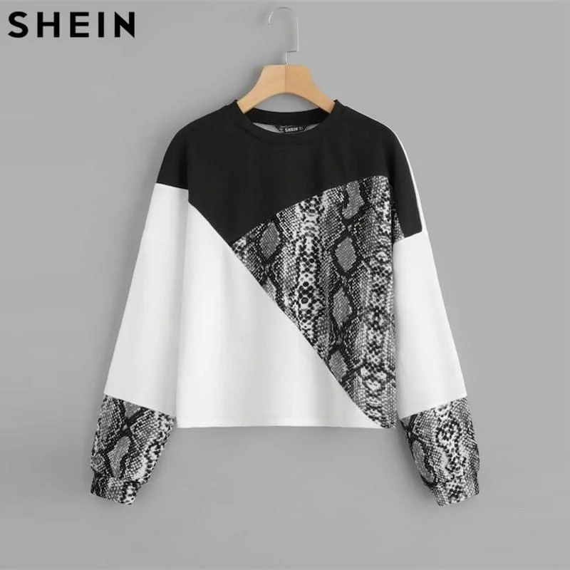 Weekend Specials to Grab SHEIN Color Block Snake Skin Sweatshirt Preppy Round Neck Long Sleeve Pullovers Women Autumn Multicolor Sweatshirts