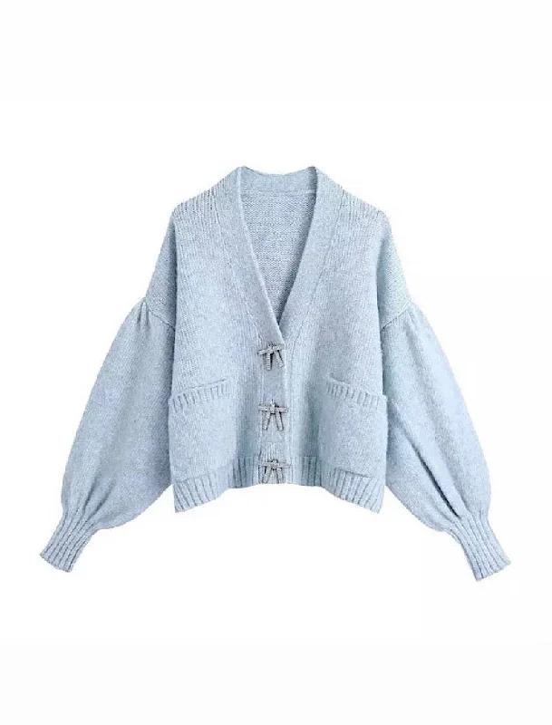 Weekend Specials You Can't Miss Blue Cozy Loose Sleeve Sweater With Rhinestone Buttons