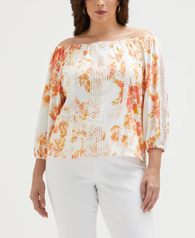 Time-Sensitive Plus Size Floral Print Lace Trim Off the Shoulder Top