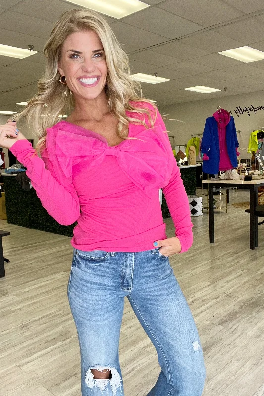 Weekend Offers That Shine Pink Bow Organza Rib Knit Top