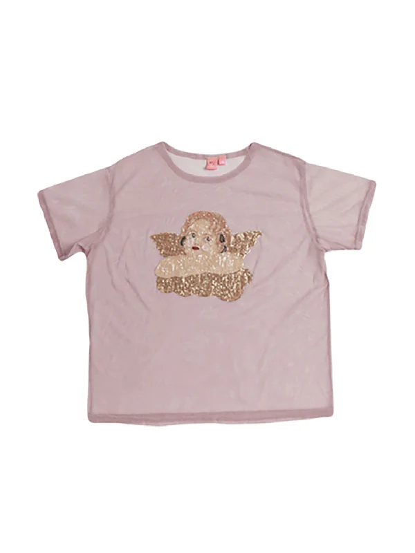 Weekend Offers That Dazzle Unlogical Poem Angel Beaded Mesh Pink Patch Tee