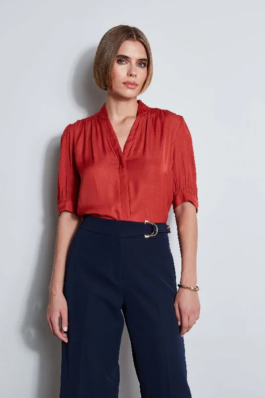 Midnight Madness T-Tahari Short Sleeve Pleated Neck Shirt