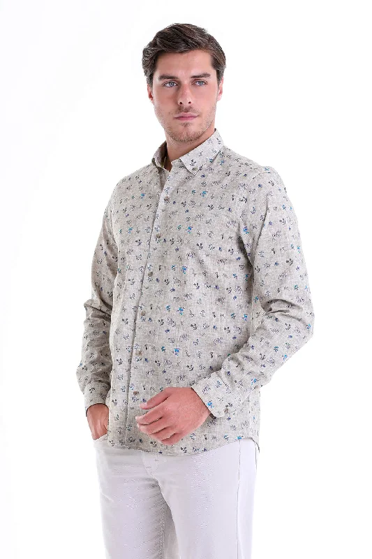 Blowout Deals Comfort Fit Floral Printed Cotton Khaki Casual Shirt