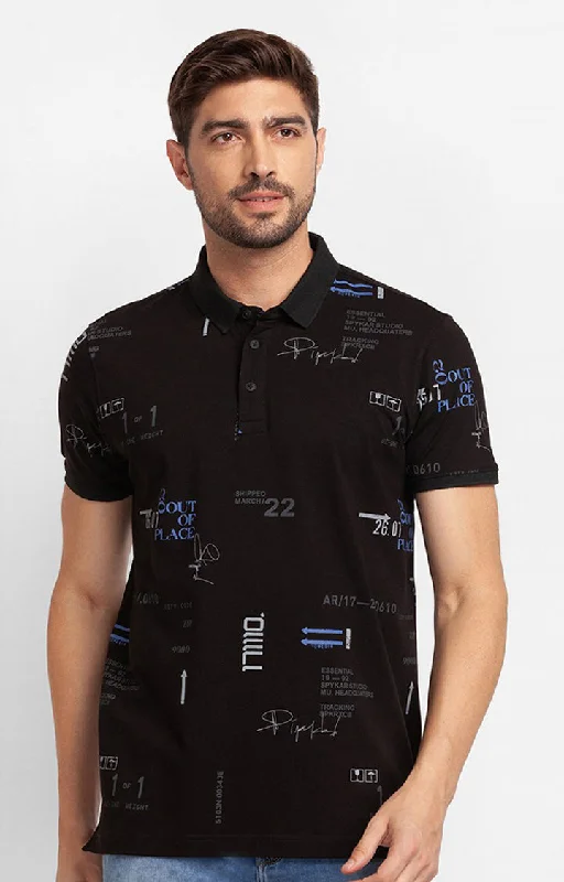 Inventory Reduction Spykar Black Cotton Half Sleeve Printed Casual Polo T-Shirt For Men