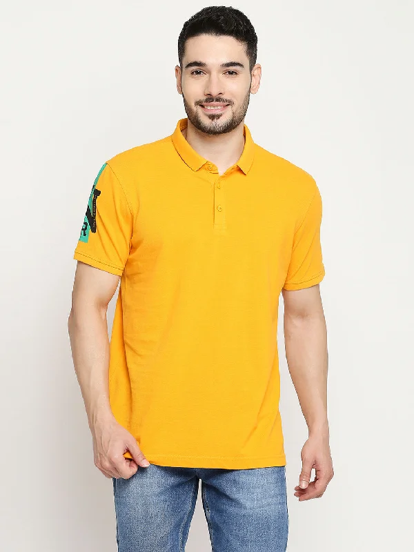 Spykar Chrome Yellow Cotton Half Sleeve Plain Polo T-Shirts For Men