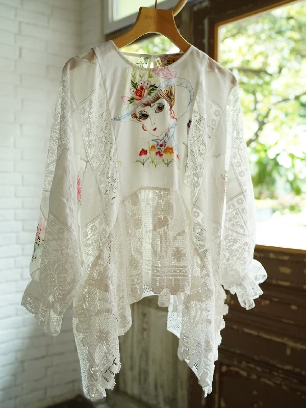Weekend Specials to Cherish Unlogical Poem Elegant Style Floral Embroidered Patchwork Lace Blouse