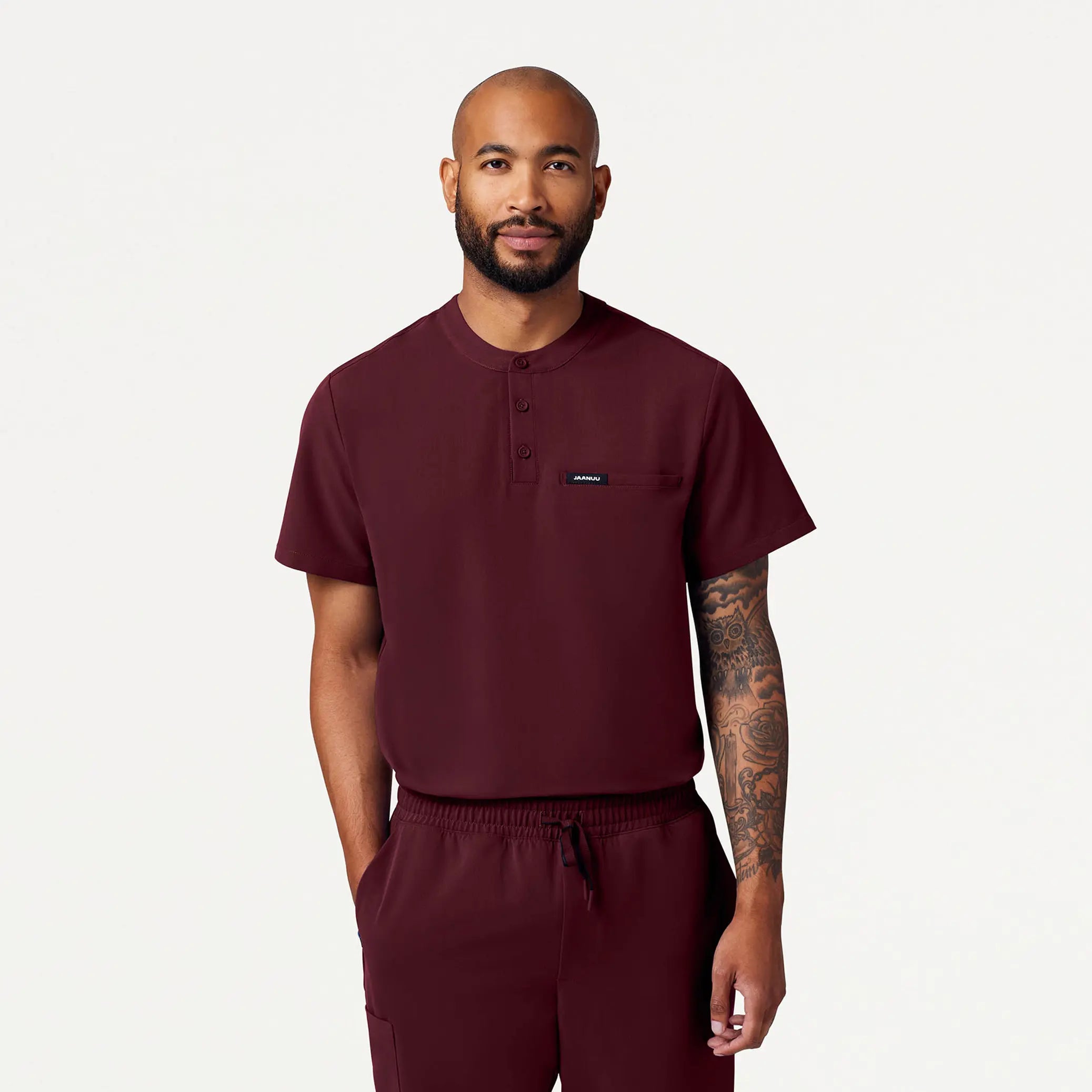 Season Finale Sale Jaanuu Men's Reeve Henley Scrub Top - Burgundy