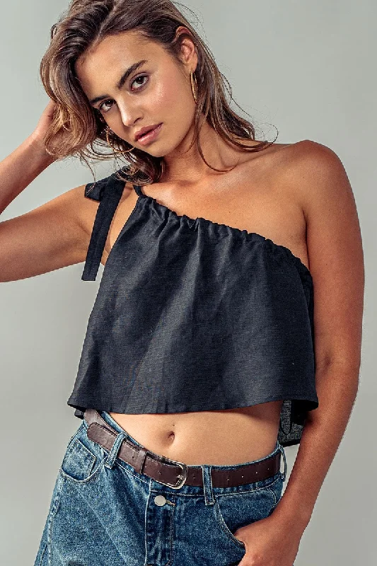 Weekend Savings Spectacular One Off Shoulder Tie Crop Linen Top