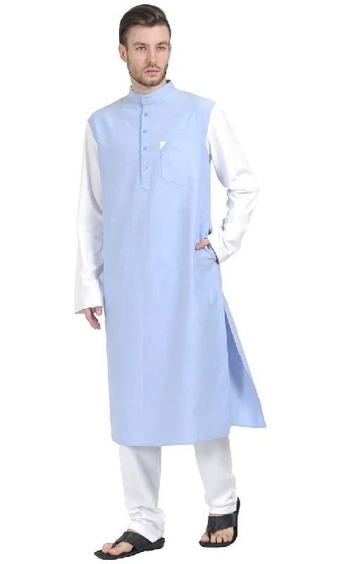 Chambray Kurta with white cotton Sleeves