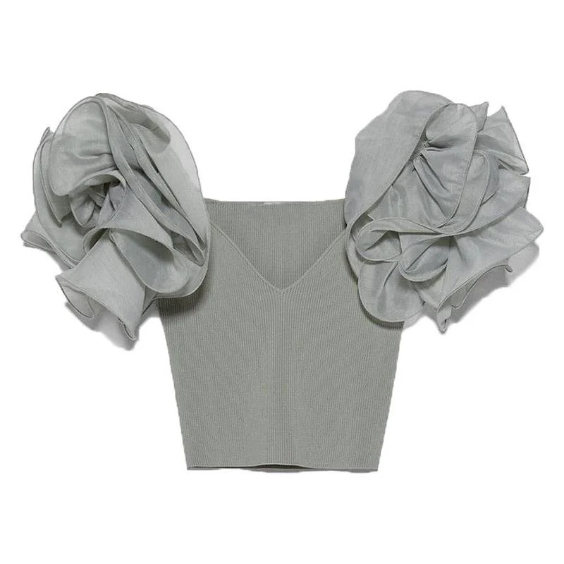 Celebrate the Weekend with Discounts Exaggerated Shoulder Rib Knit Short Top