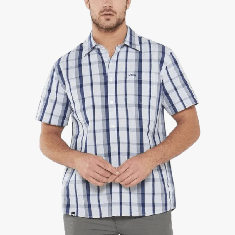 Weekend Savings Sensation Jeep Mens Casual Check Short Sleeve Shirt Navy White