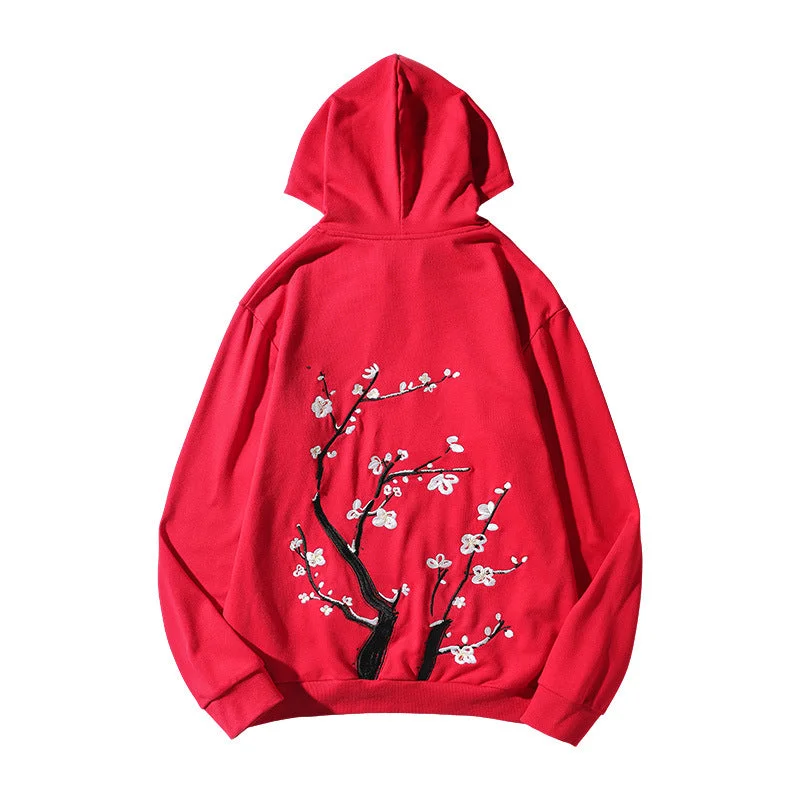 Wintersweet Embroidery Unisex Oriental Hoodie Cotton Sweatshirt