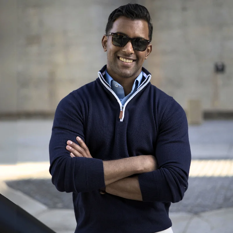 Weekend Offers That Dazzle Navy with White Trim Luxury Touch Cotton and Cashmere Quarter Zip Sweater