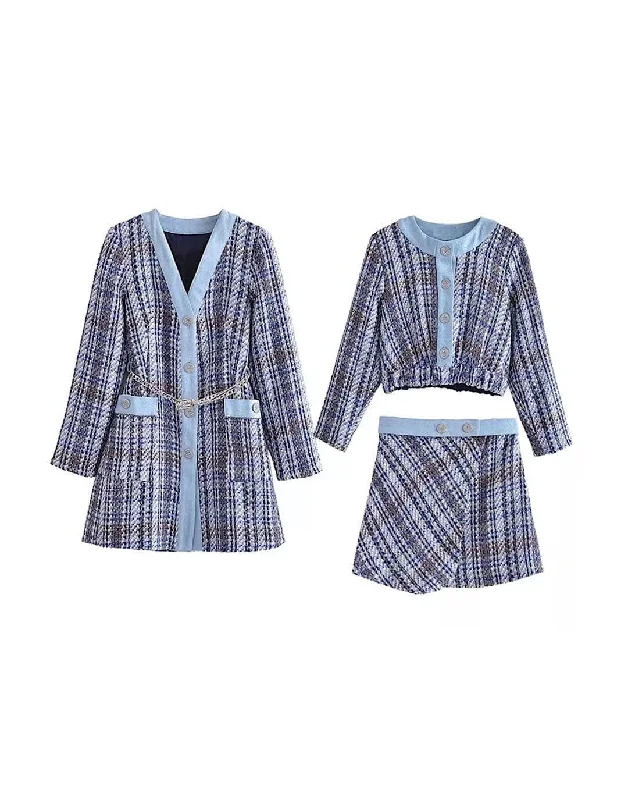 Weekend Specials to Delight Blue Tweed Textured Skirt With Top And Coat
