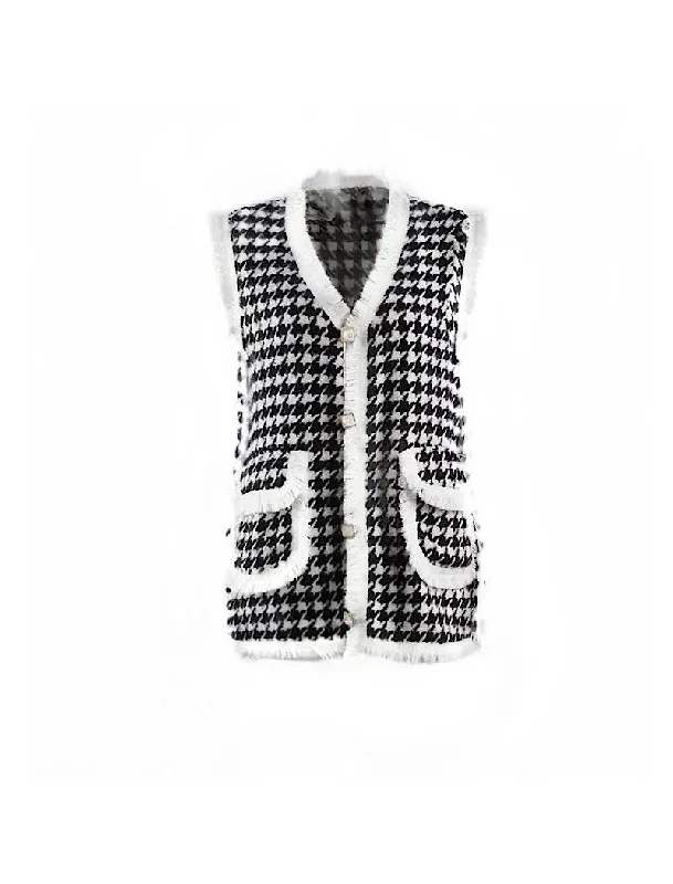 Weekend Steals Await Fringed Houndstooth Pattern Knit Long Vest