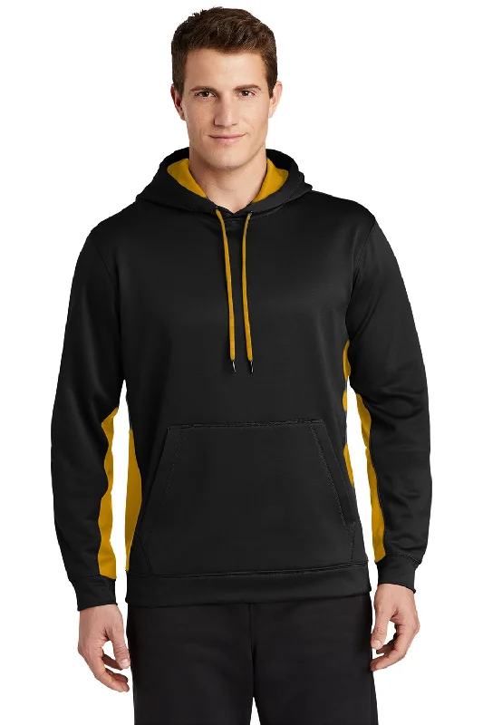 Overstock Sport-Tek Mens Sport-Wick Moisture Wicking Fleece Hooded Sweatshirt Hoodie w/ Pouch Pocket - Black/Gold