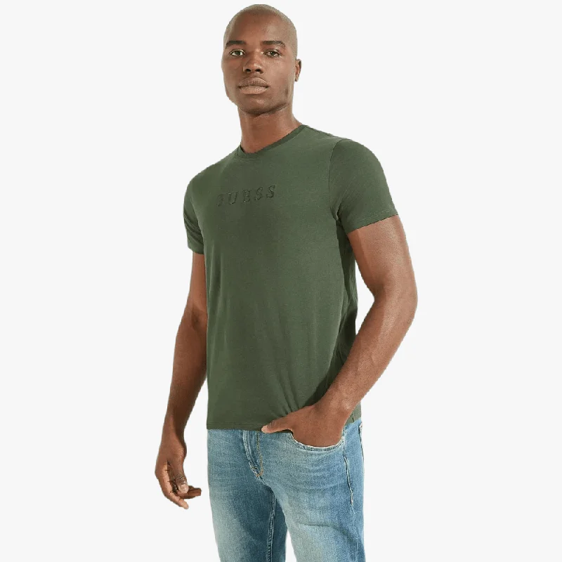 Guess Mens Ess Pima Logo Crew Short Sleeve Tee Dark Green