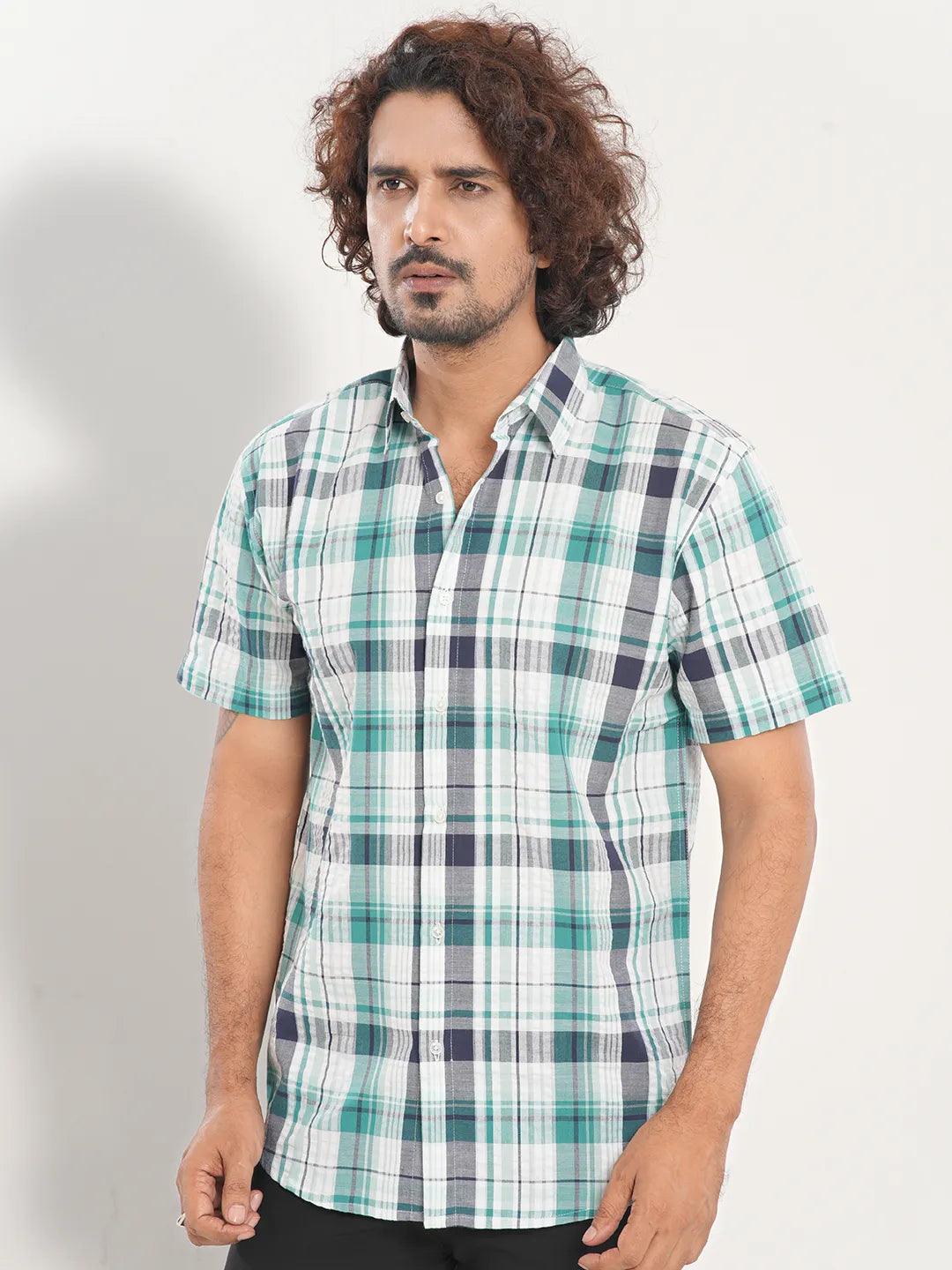 Men's Short Sleeve Casual Shirt in Mint Green Check