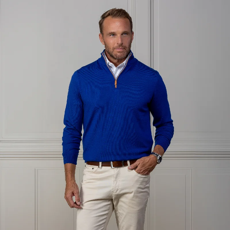 Special Offer Royal Blue with Brown Suede Trim Cashmere Touch Australian Merino Quarter Zip Sweater