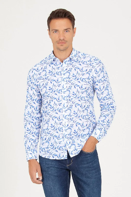 Final Markdown Slim Fit Floral Printed Cotton Blue Casual Shirt