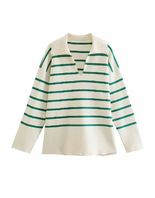 Weekend Deals That Sparkle Green Striped Beige Knit Loose Sweater