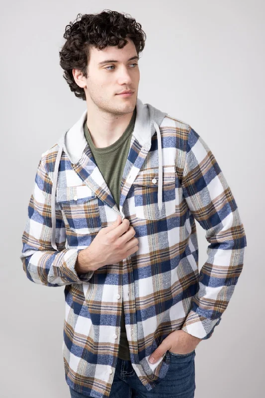 Hooded Plaid Flannel Shirt for Men in Ecru | TQ8299GL-ECRU