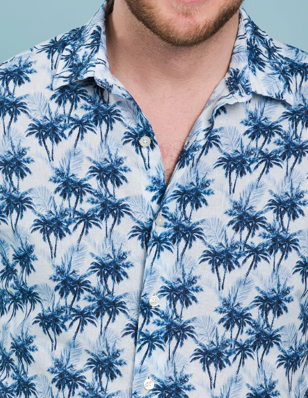 Massive Deals Navy Cotton Linen Palm Tree Print