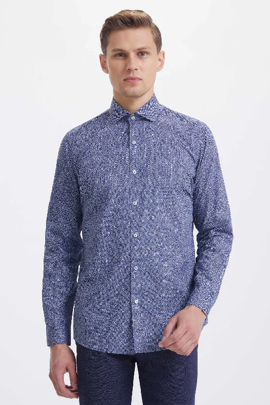 Slim Fit Cotton Diagonal Grid Navy Casual Shirt