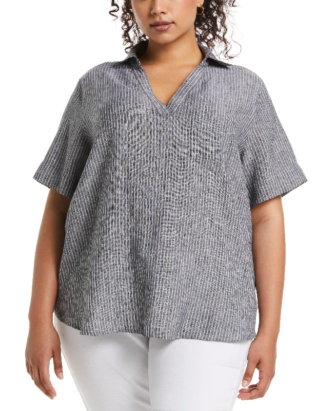 Best Seller Plus Size Stripe Split Neck Linen Top