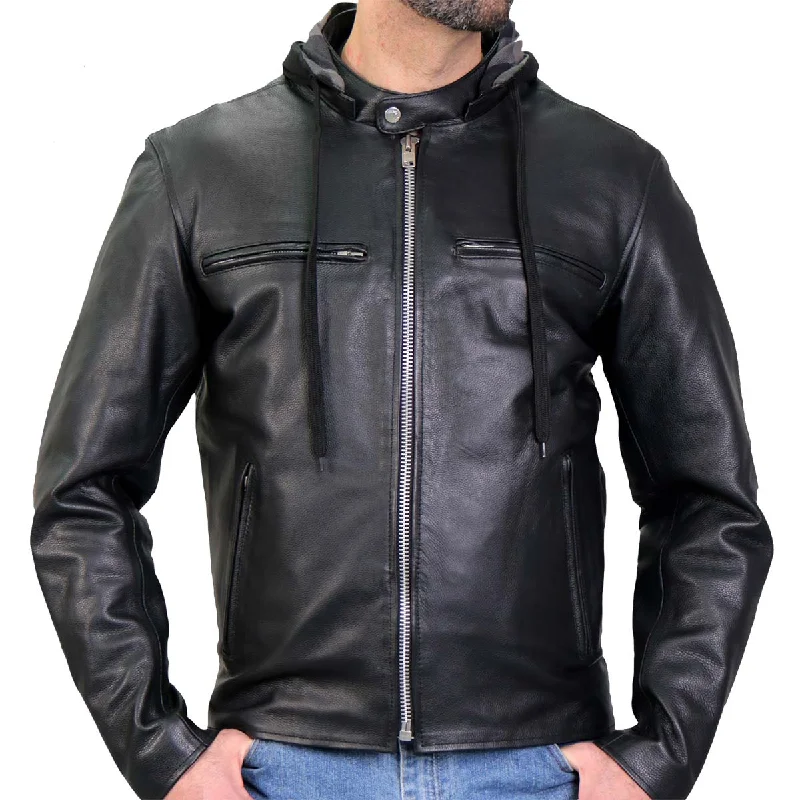 Stock Clearance Hot Leathers JKM1030 Men’s Black ‘Carry and Conceal’ Leather Jacket with Flannel Lined Hood
