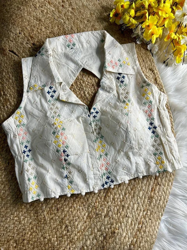Weekend Discounts to Delight Women's White Colour Khadi Cotton Readymade Blouse