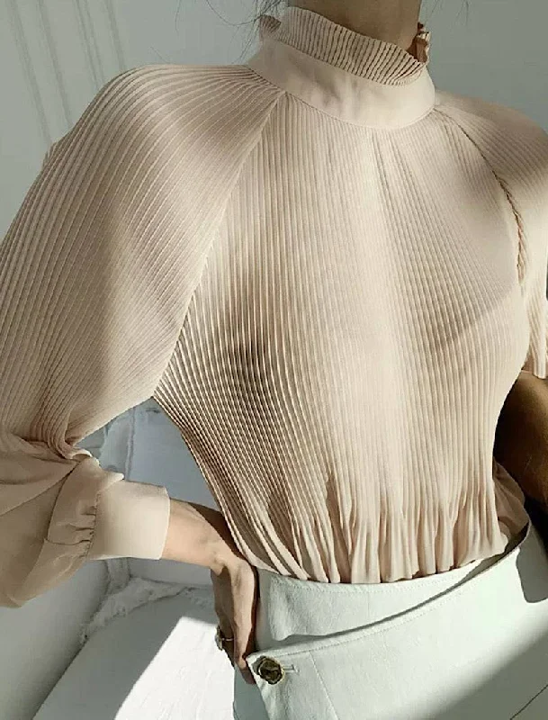 Weekend Specials to Enjoy Sheer Long Sleeve Pleated High Neck Top