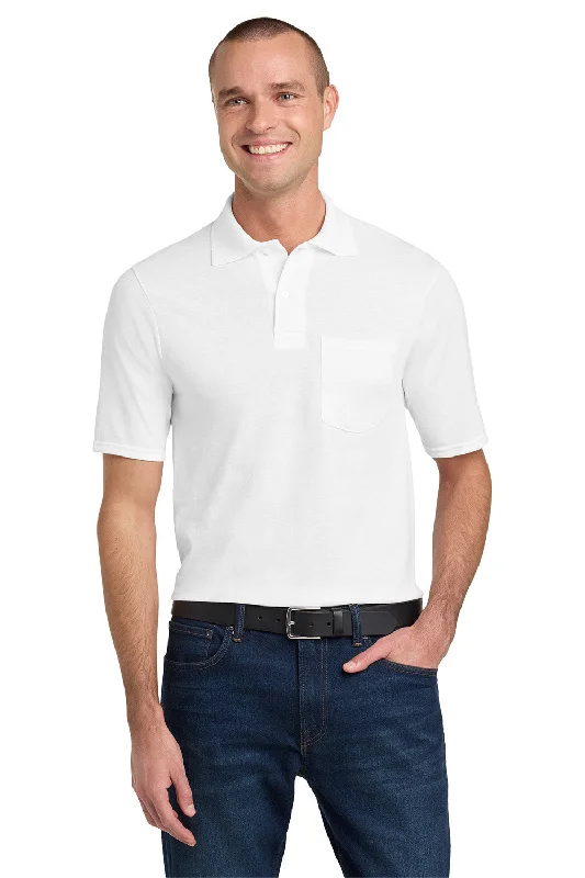 Lowest Price Jerzees Mens SpotShield Stain Resistant Short Sleeve Polo Shirt w/ Pocket - White