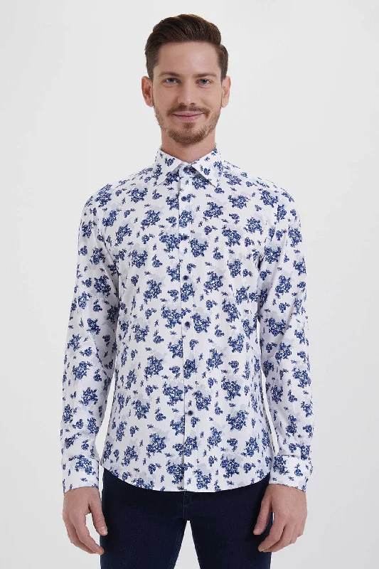 Slim Fit Long Sleeve Printed Cotton White Casual Shirt