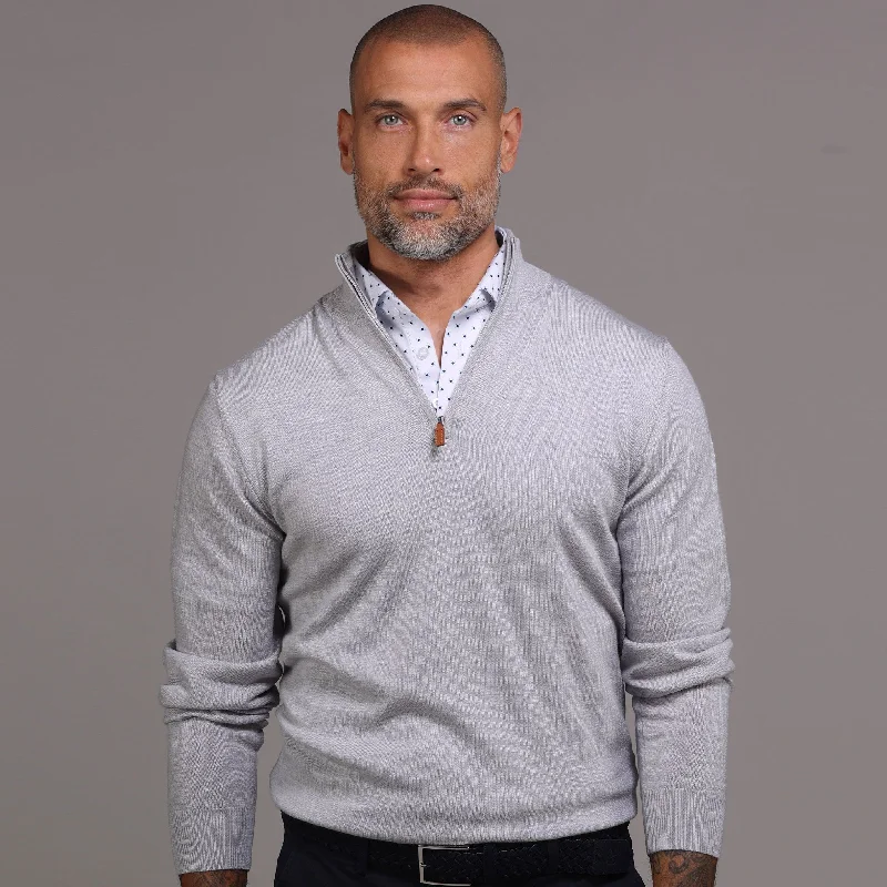 Weekend Discounts to Grab Light Grey Melange Cashmere Touch Australian Merino Quarter Zip Sweater